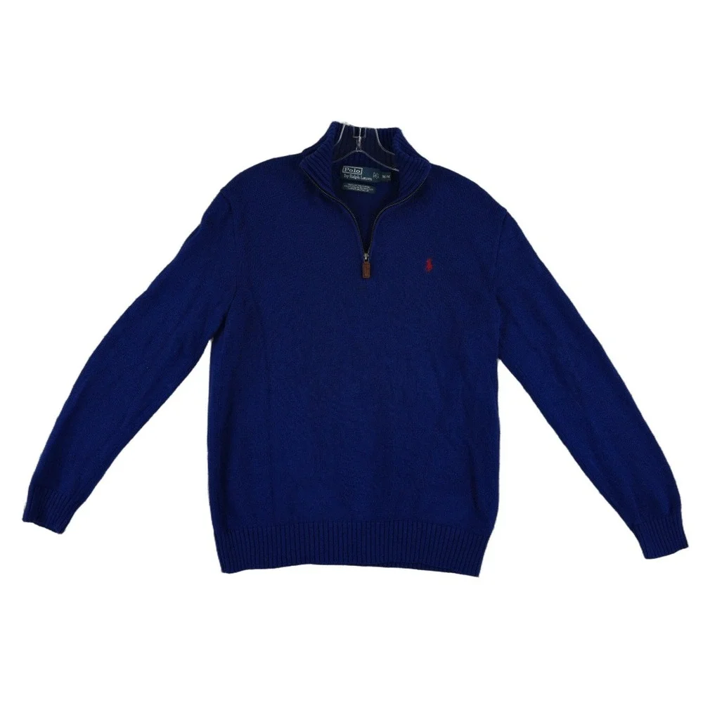 Polo Ralph Lauren Quarter Zip Sweater Top Mens Size Medium Blue 100% Cotton Logo